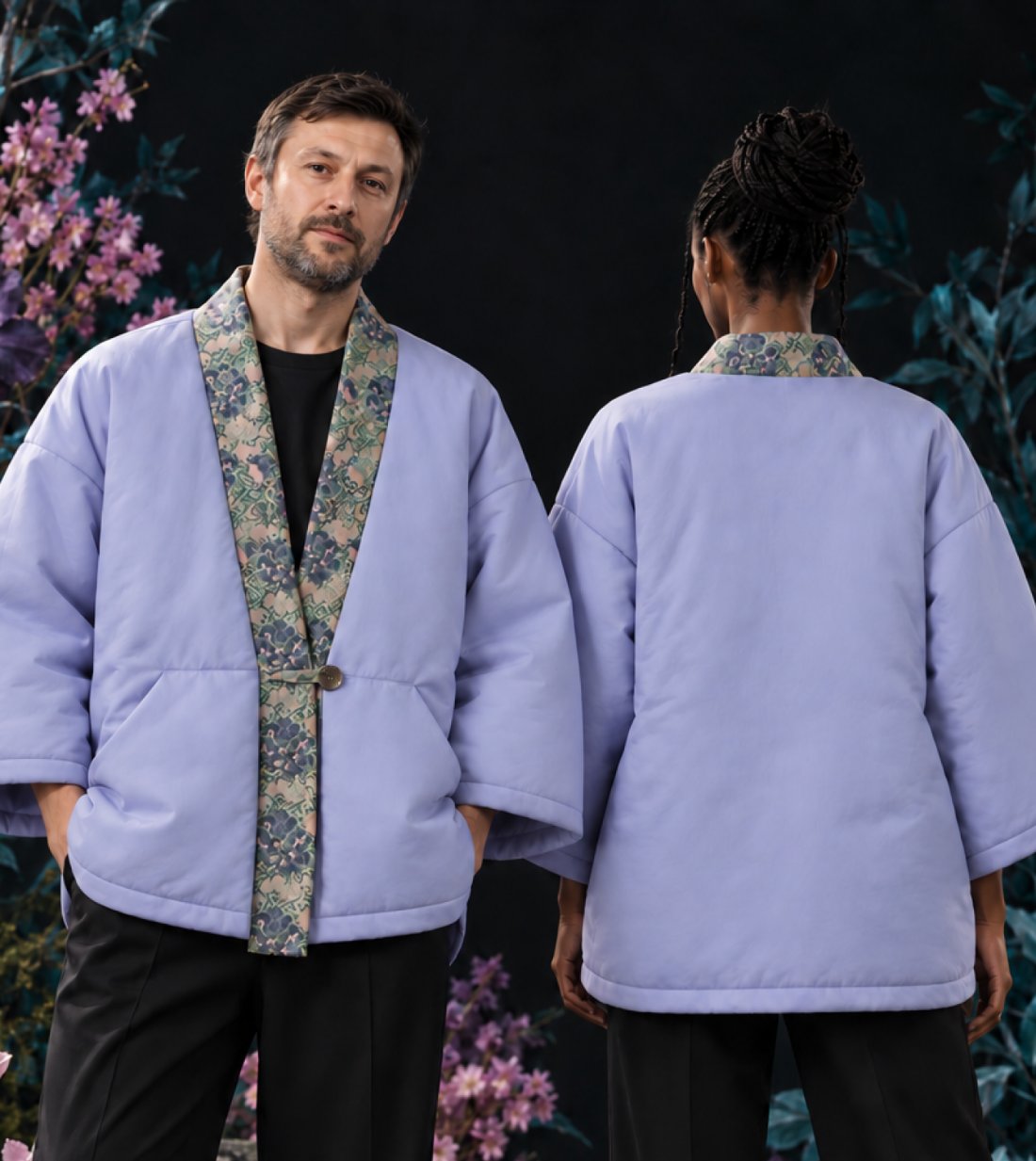Two models wearing the kimono, front and back